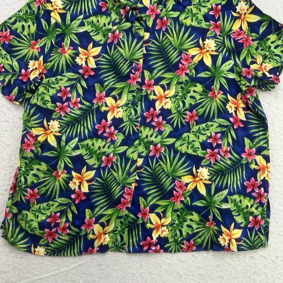Caribou Hawaiian Shirt Women 1X Green Blue Pink Floral Button Up Shoulder Pads - Picture 4 of 12